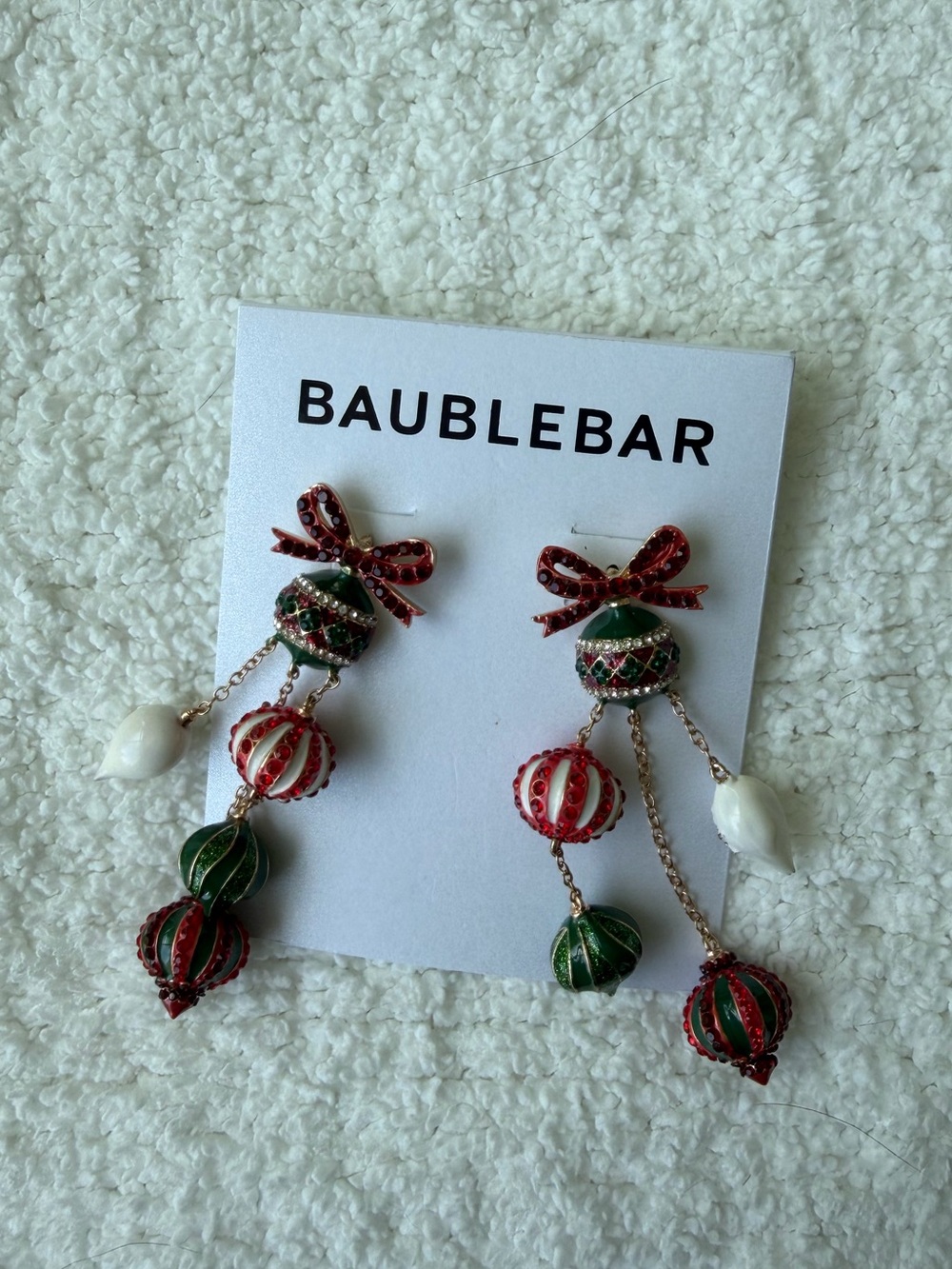 Baublebar Holiday Bow Drop Earrings — Red, Green & White Festive Dangle - Picture 2 of 2